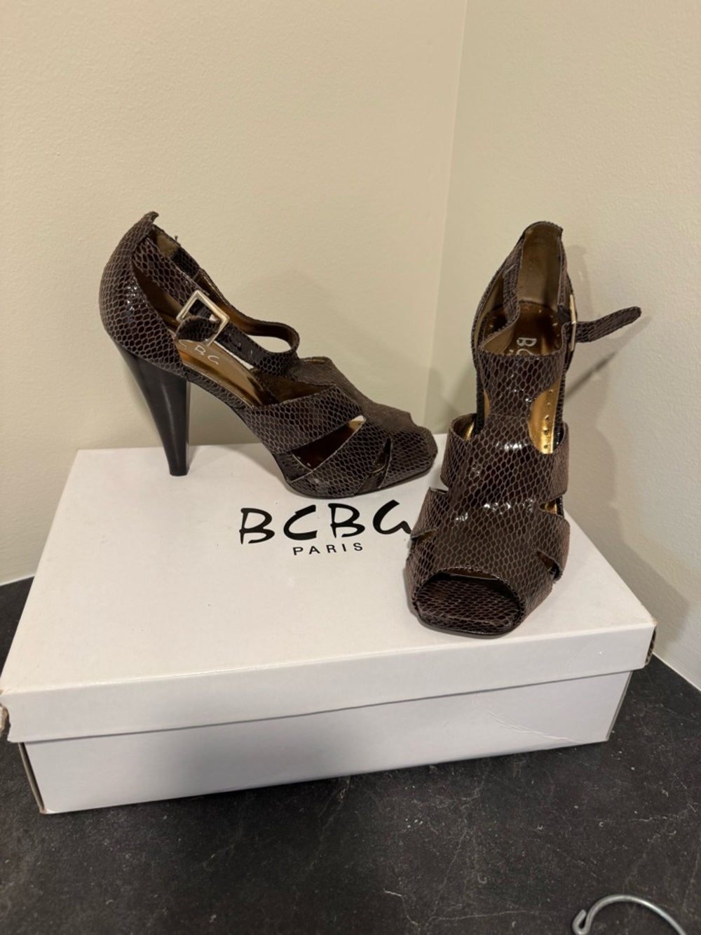 BCBG Paris Women's Deep Purple Snake-Embossed High Heel Sandals